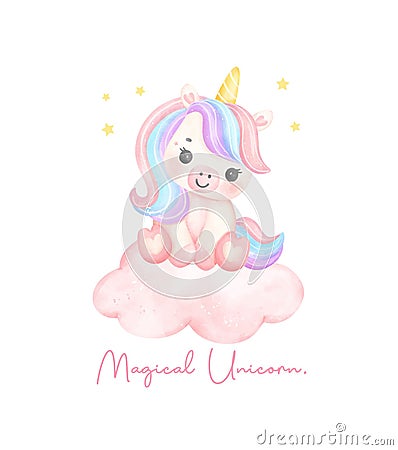 Cute unicorn sitting on cloud watercolor dreamy nursery Art illustration. Magical Unicorn Vector Illustration