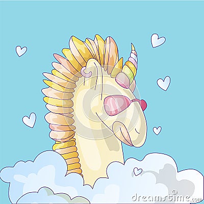 Cute unicorn sticker. Unicorn with pink glasses, in cloud with hearts above. Colored horn and horse mane - unicorn cute Vector Illustration