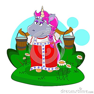 Cute unicorn in traditional Russian dress Vector Illustration