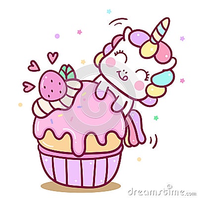 Cute Unicorn vector cake birthday card Kawaii pony cartoon yummy dessert babyshower Vector Illustration