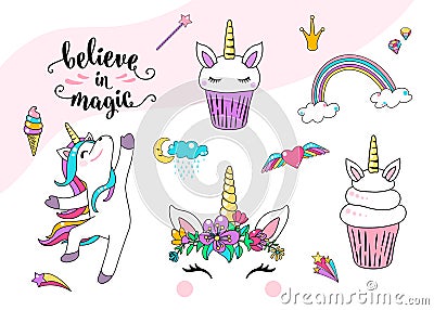 Cute unicorn vector with cupcake, dancing little horse, head with flowers, rainbow, diamond, ice cream and lettering Vector Illustration