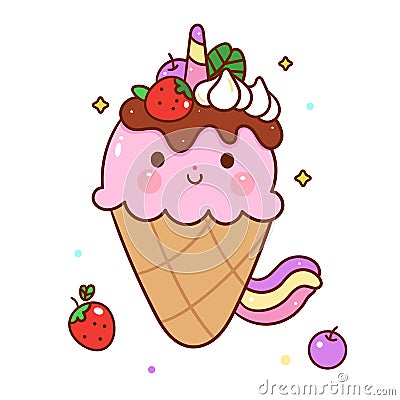 Cute Unicorn vector ice cream cone and topping, hand drawn isolated on a white background Vector Illustration