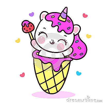 Cute Unicorn vector ice cream sweet pony cartoon sweet dessert yummy food candy color Vector Illustration