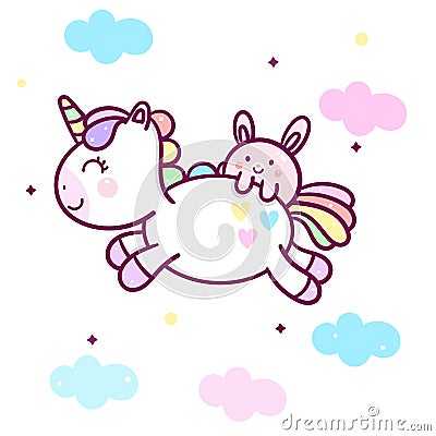 Cute Unicorn vector Kawaii pony character and bunny rabbit cartoon jump on clouds pastel color Vector Illustration