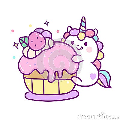 Cute Unicorn vector muffin cake Happy birthday Kawaii pony cartoon, Nursery decoration, hand drawn isolated on a white background Vector Illustration