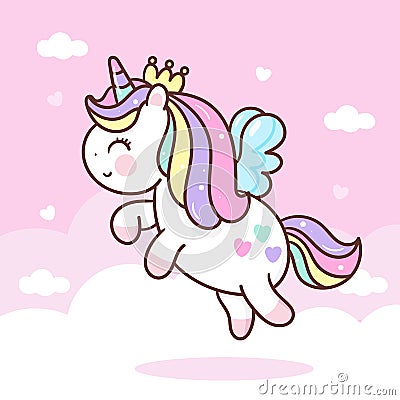 Cute Unicorn vector pegasus fly on sky pony cartoon pastel background Valentine day festival Vector Illustration