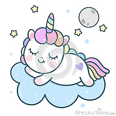 Cute Unicorn vector pony cartoon with moon on cloud, magic sleeping time for sweet dream Vector Illustration