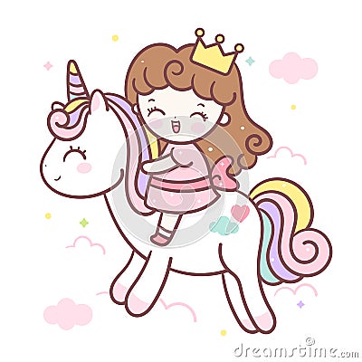 Cute Unicorn vector princess cartoon, little girl Kawaii character, pony child sweet pastel color Vector Illustration