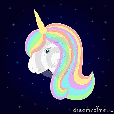 Cute unicorn. Vector unicorn head with beautiful rainbow mane and horn. Starry background. Vector Illustration