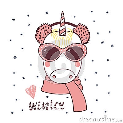 Cute unicorn in warm earmuffs Vector Illustration