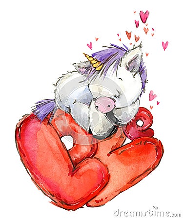 Cute unicorn watercolor illustration. love card Cartoon Illustration