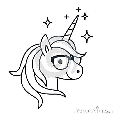 Cute unicorn wearing eyeglasses single color outline illustration. Simple line doodle icon, coloring book page. Magic, fantasy, e Vector Illustration