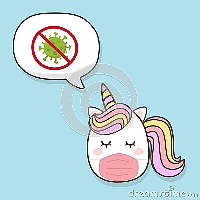 Cute unicorn wearing medical mask Cartoon Character vectors with pastel rainbow. Coronavirus COVID-19 Vector Illustration. Vector Illustration