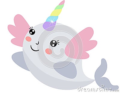 Cute unicorn whale isolated on white Vector Illustration