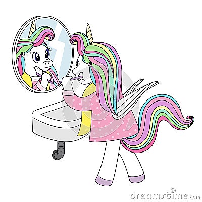 Cute unicorn with wings in pajamas brushing his teeth in front of a mirror. Vector Illustration