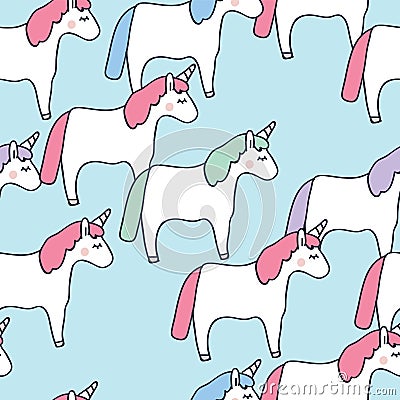 Cute unicorns blue background seamless pattern Vector Illustration