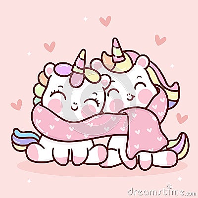 Cute Unicorns couple vector with heart pony cartoon pastel background Valentines day lover Vector Illustration