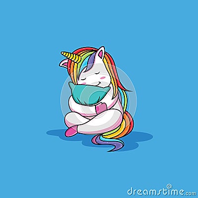 Cute unicorns are hugging a pillow Vector Illustration