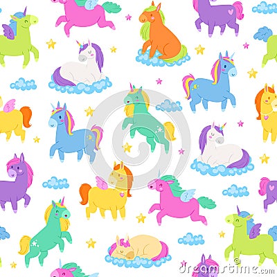 Cute unicorns, seamless patern, fantasy magic world, nice fairy animals, textile industry, cartoon style vector Vector Illustration