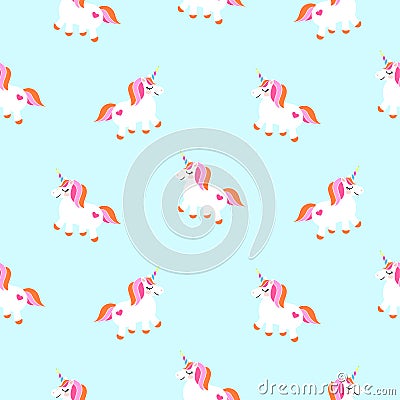 Cute unicorns sky blue seamless pattern. Fairytale pony child characters light vector background. Vector Illustration