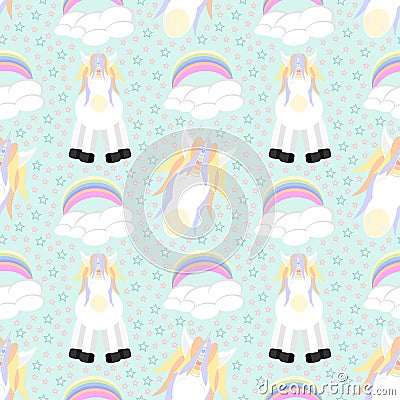 Cute Unicorns with Stars, Clouds with Rainbows on light green background seamless pattern Vector Illustration