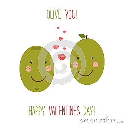 Cute unusual hand drawn Valentines Day card with funny cartoon characters of olive Vector Illustration