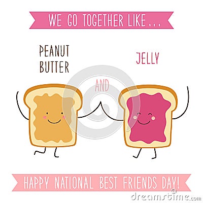 Cute unusual National Best Friends Day card as funny hand drawn cartoon characters and hand written text Vector Illustration