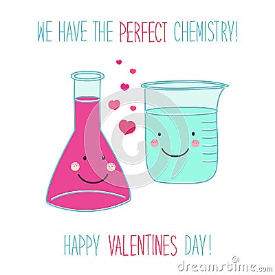 Cute unusual Valentines Day card with funny hand drawn cartoon characters of laboratory tubes and beakers Vector Illustration