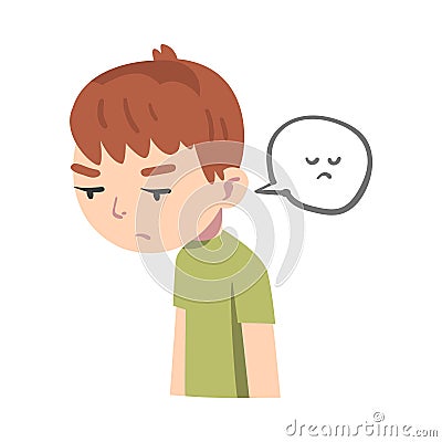 Cute Upset Boy, Kid with Sad Symbol in Speech Bubble Cartoon Style Vector Illustration Stock Photo