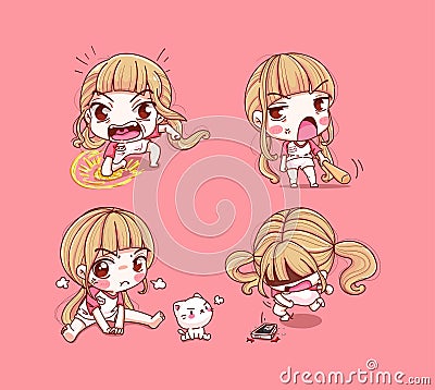 Cute upset girl and angry emotion isolated on background with character design Vector Illustration