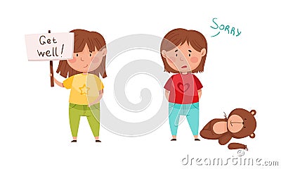 Cute upset little girls saying sorry set. Good manners of kids cartoon vector illustration Vector Illustration
