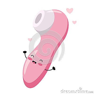 Cute vacuum vibrator. Sex toy for women. Happy kawaii character. Vector Illustration