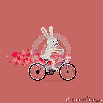 Cute Valentine`s Day card: cartoon bunny rabbit riding bike Stock Photo