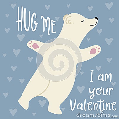 Cute Valentine`s day card with polar bear Vector Illustration