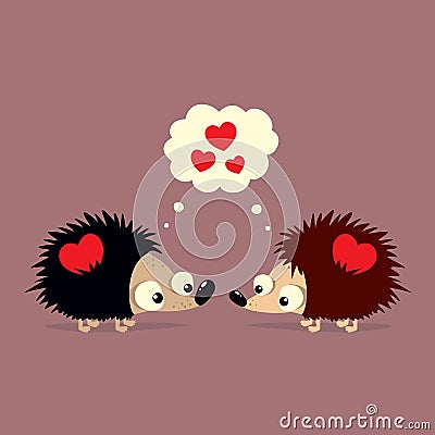 Cute Valentine`s Day card with two cartoon hedgehogs falling in love with each other Stock Photo