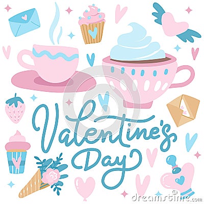 Cute Valentine`s Day greetings card with hearts, couple of teacups, cupcakes and flowers. Hand drawn flat doodle vector Vector Illustration