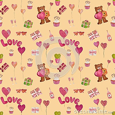 a cute Valentines bear beige watercolor pattern Stock Photo