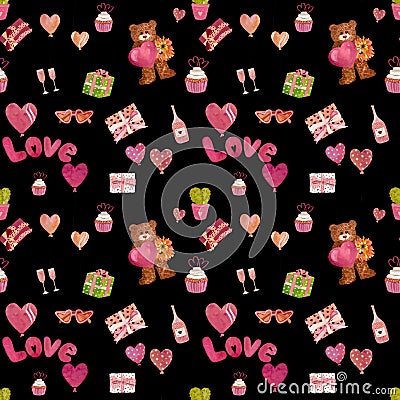 a cute Valentines bear seamless black pattern Stock Photo