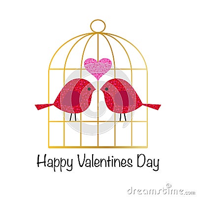 Cute valentines day glitter birds with gold birdcage Stock Photo