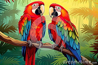 cute valentines day Macaw parrot couple world wildlife illustration with flora and fauna Cartoon Illustration