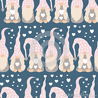 Cute valentines gnomes and hearts in a valentines day seamless pattern Vector Illustration