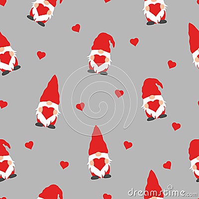 cute valentines gnomes in red hats and hearts in a valentines day seamless pattern on grey background Vector Illustration