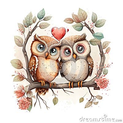 Cute Valentines love owl couple heart branch white background illustration wallpaper Cartoon Illustration