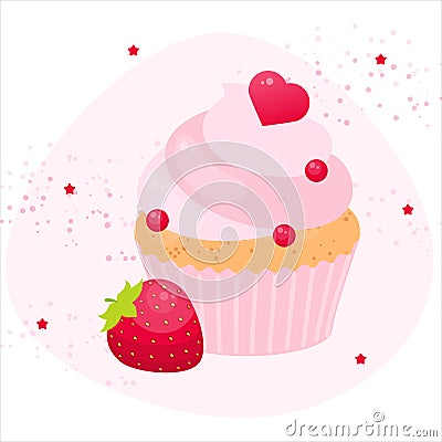 Cute valentines strawberry cupcake. Pink muffin concept. Vector Illustration