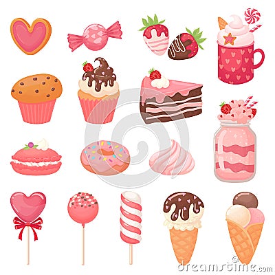 Cute Valentines sweets. Heart lollipop, sweet ice cream and strawberry cake. Candy cartoon vector illustration set Vector Illustration