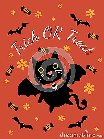 Cute vampire cat for Halloween greeting card. Vector Illustration