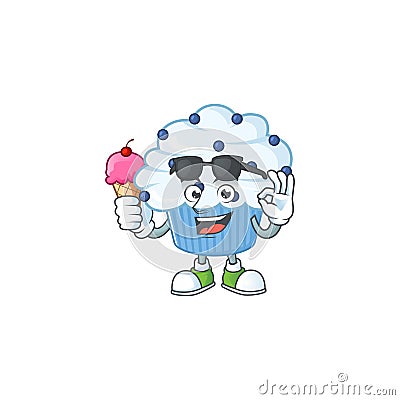 Cute vanilla blue cupcake cartoon character enjoying an ice cream Vector Illustration