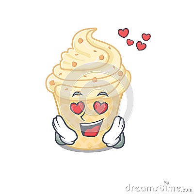 Cute vanilla ice cream cartoon character has a falling in love face Vector Illustration