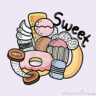 Cute various dessert in doodle style.Sweet hand drawn cartoon Vector Illustration