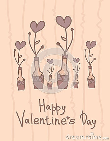 Cute vase with hearts flowers. Happy Valentines Day design. Holiday card. Vector Illustration